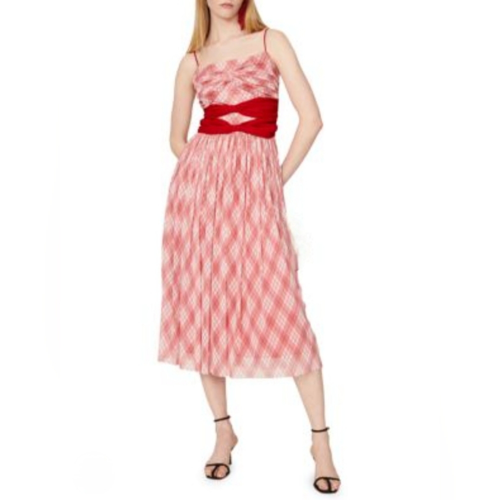 Adam Lippes Red White Check Argyle Bow Front Cami Midi Dress Holiday Party Sz 2